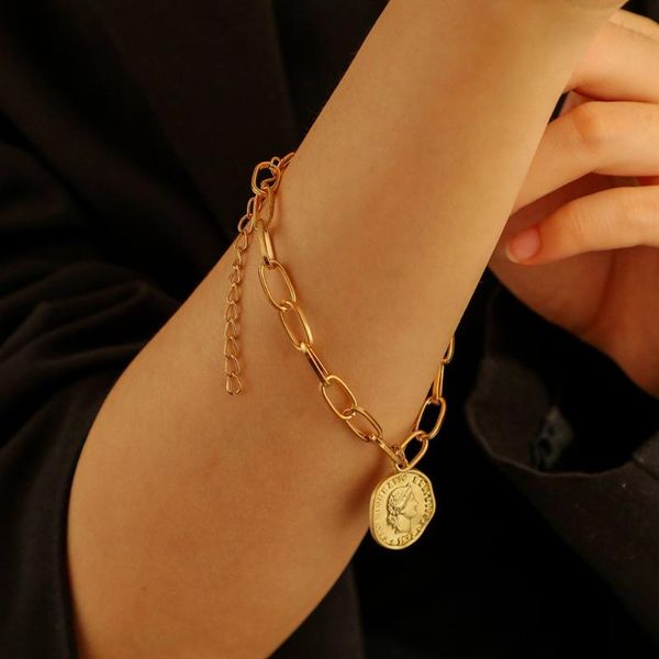 

charm bracelets retro metal portrait coin round card bracelet hand ornaments simple single layer trendy fashion jewely gift women, Golden;silver