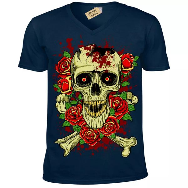 

roto calavera camiseta rosa esqueleto gÃ³tico rock punk metal tibias hombre pico, White;black