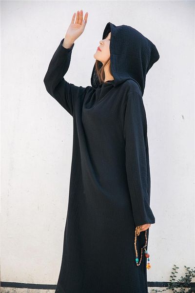 

casual dresses harajuku cotton autumn and winter retro wizard hat longuette loose sleeve head robe white dress women c053, Black;gray