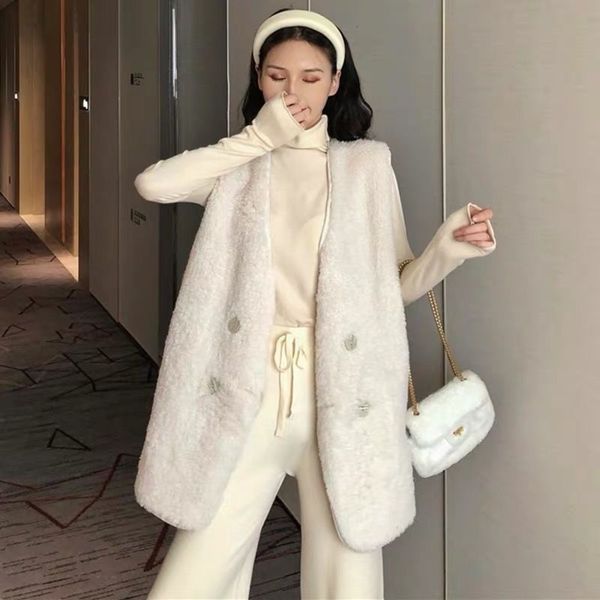 

autumn winter fashion fur one-piece vest style medium long lamb coat women's, White