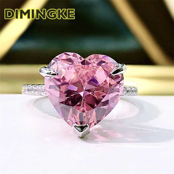 Dimingk 7.5CT в форме сердца 12 * 12 мм розовый бриллиантное женщина кольцо 925 стерлингового серебра изготовления серебра изысканные изысканные изделия супер вспышка свадьба подарок любовника 211217