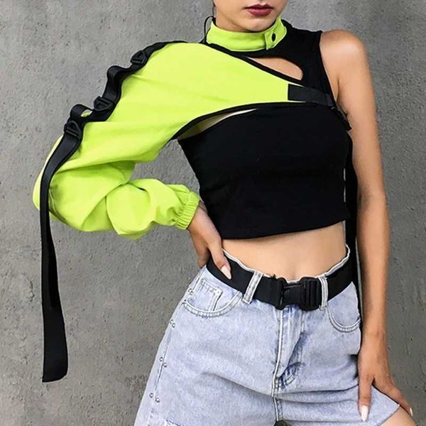 

korea spring vintage reflect light jacket personality irregular a bag buckle long sleeve ribbon t shirt smock za2519 210603, White