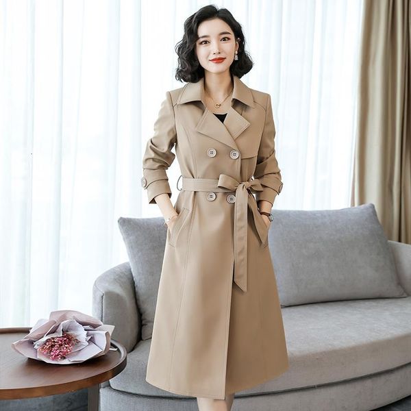 

women's trench coats women long coat spring autumn fashion khaki jacket adjustable waist overcoat twill cotton blends outerwear fe, Tan;black
