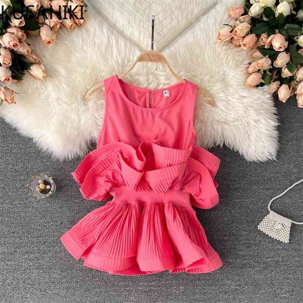 Koreaanse Mouwloze O-hals Chiffon Blouses Geplooide Ruche Patchwork Slanke Taille Shirts Zomer Blusas Mujer 6H764 210603