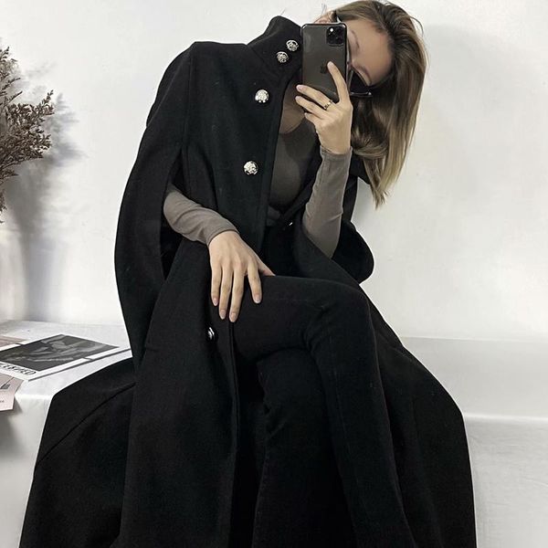 

women's trench coats autumn/winter style ladies pocket cloak windbreaker coat women open stitch long high neck streetwear, Tan;black