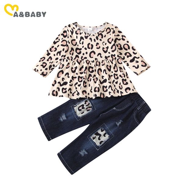 

1-6y toddler kid girls clothes set leopard tunic ruffles denim pants jeans children outfits autumn spring clothing 210515, White