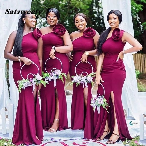 

burgundy bridesmaid dresses one shoulder floor length sweep train silk satin side slit mermaid wedding party prom gowns, White;pink