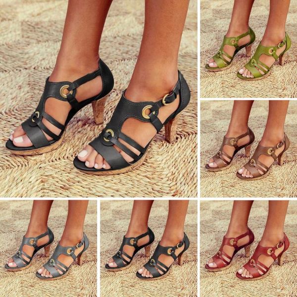

women sandals ladies elegant buckle strap ankle peep toe high heel roman style female soft beach shoes plus size 40#, Black