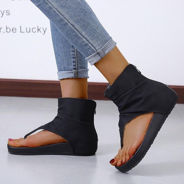 

sandals women summer flat 2021 fashion lightweight non-slip open toe suede zipper shoes casual beach, Black