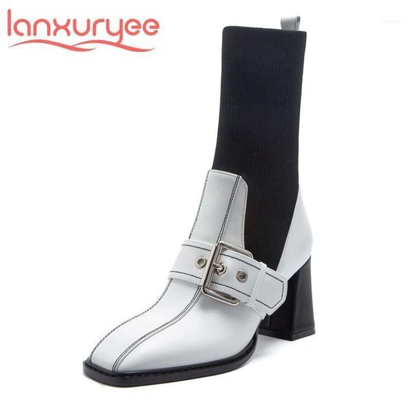 

boots lanxuryee real leather square toe high heel stretch buckle decoration korean street pretty girls dating mid-calf l3711, Black
