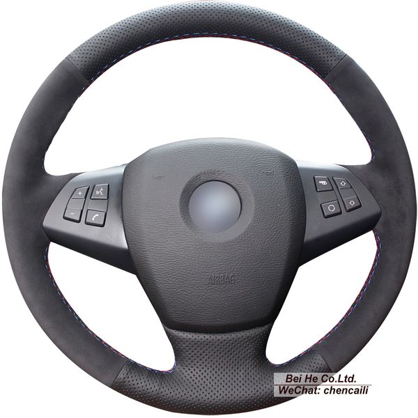 

black genuine leather black suede car steering wheel cover for bmw e70 x5 2007-2011