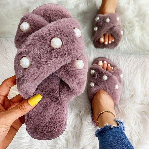 

winter women's house shoes faux fur pearl warm cross slippers comfortable family fluffy, Black