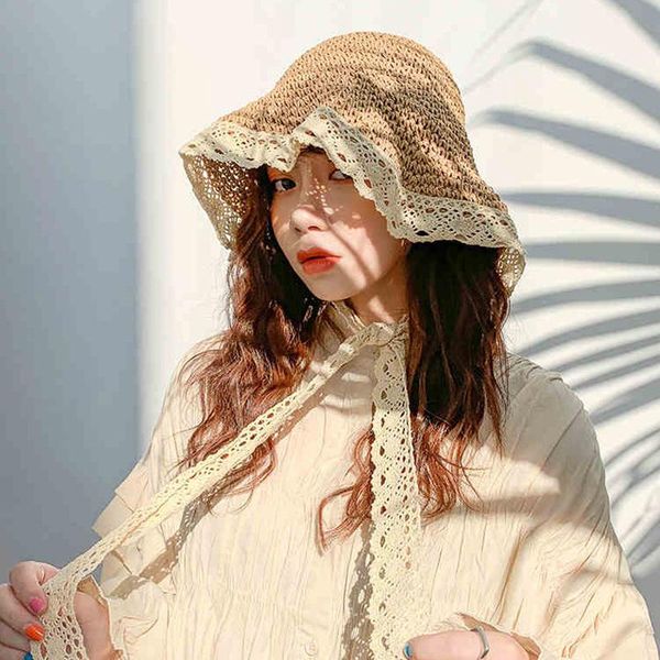 

wide brim hats fashion straw hat ladies small fresh and versatile bow tie holiday beach summer big edge folding sun tide, Blue;gray