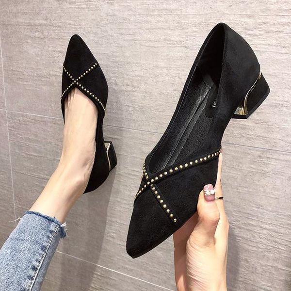 

dress shoes spring fashion suede women rivets lady chunky block pointed toe black blue 3cm high heels studded pumps