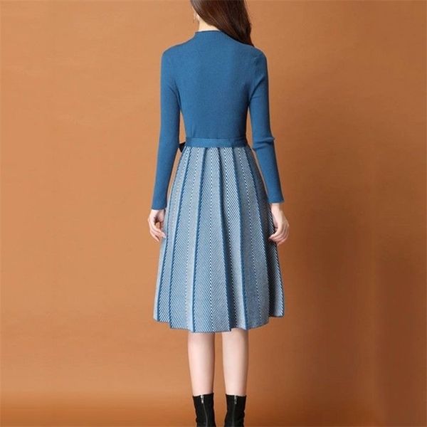 

autumn winter women pleated hem striped printed sweater dress elegant female a-line dresses soft rib knitted dresses with belt, Black;gray