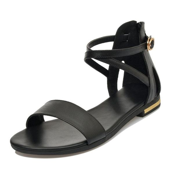 

women sandals cow leather fashion shoes platform buckle casual flat heel black ladies size 31-46