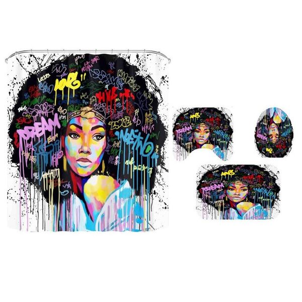 

shower curtains charming african lady women colored hair bathroom set non-slip rugs toilet lid cover mat
