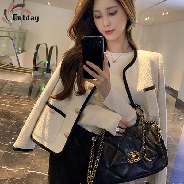 

women's wool & blends cotday full sleeve single-breasted o neck beige 2021 winter elegant office style lady black bordered jacket coat