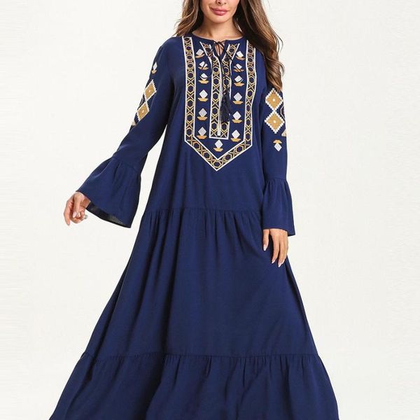 

ethnic clothing fashionable long - sleeved patchwork embroidered muslim maxi dress with multi layer pleats and lace collar, Red