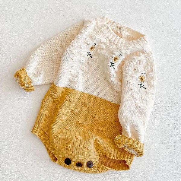 

rompers korean style infant baby girl knitting bodysuits flower embroidery cotton long sleeve born jumpsuit, Blue