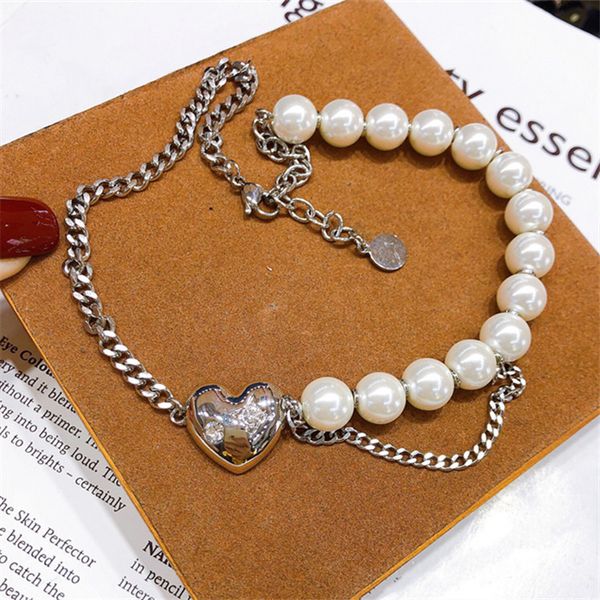 

pearl necklace female minority diamond inlaid love pendant neck chain jewelry fashion net red accessories, Silver