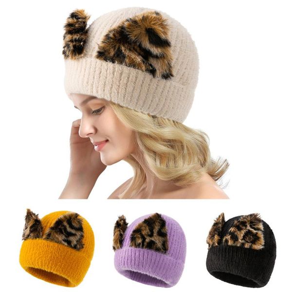 

beanie/skull caps women winter warm knitted beanie hat vintage leopard animal print styled ears fuffy cuffed skull cap head cover ear warmer, Blue;gray