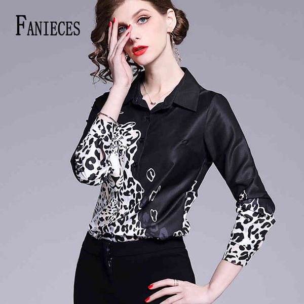 Chegada mulheres tops colarinho mangas compridas leopard impresso floral designer de alta rua blusa camiseta bluzki damskie 210520