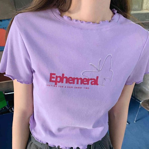 

[onione] 2021 summer butterfly print open navel short sleeve t-shirt women's playful fungus edge slim fit short top, White