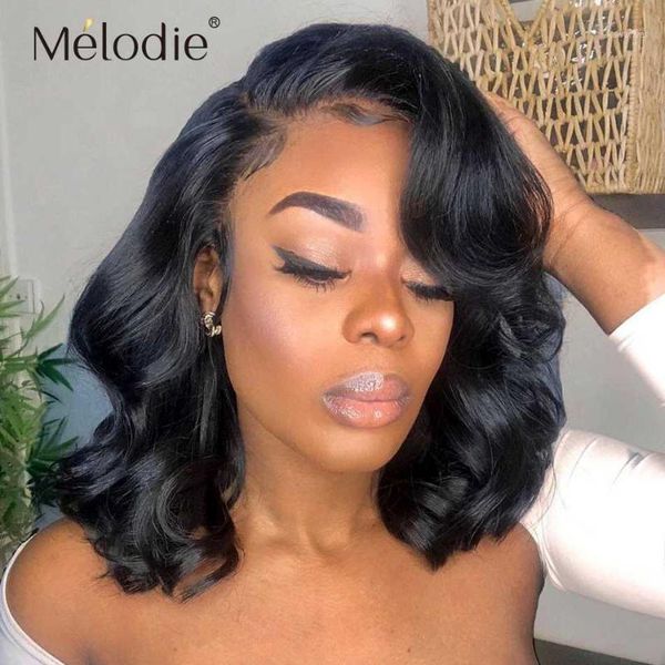 

melodie body wave short bob wig lace front human hair wigs brazilian 4x4 closure frontal for black women1, Black;brown