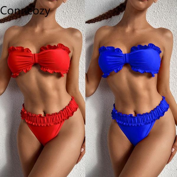 

women's swimwear bikini set ruffled tube swimsuit high waist push up bathing suit women beachwear two piece, White;black