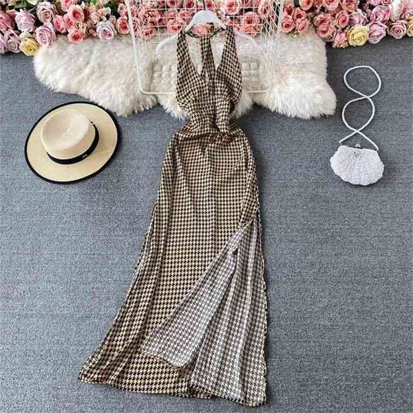 

elegant v-neck halter neck split plaid dress for womens summer fashion large swing a-line houndstooth midi 210508, Black;gray