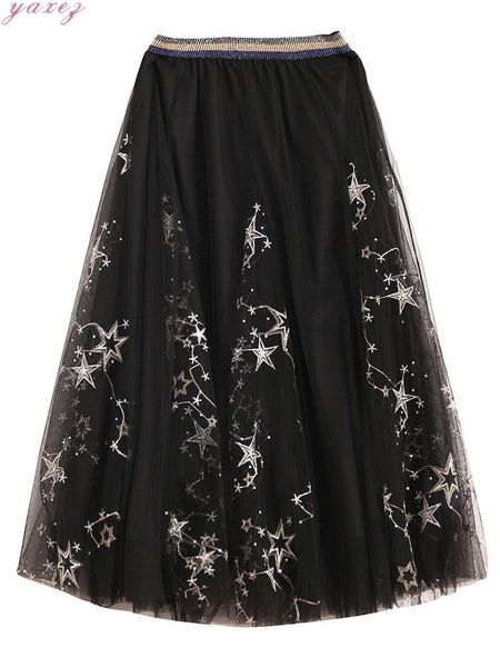 

skirts 2021 women mesh starry sky sequins yarn embroidery womens maxi long midi skirt cute black high waisted fluffy