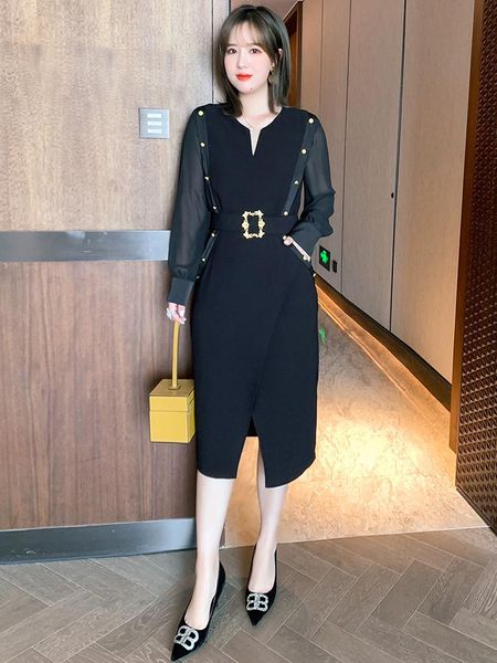 

casual dresses v-neck stitched sleeve contrast button waist split dress for women 2021 summer, Black;gray