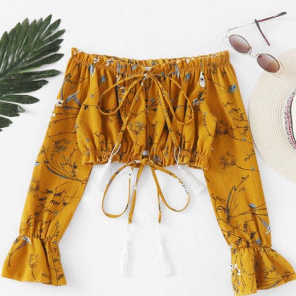 

women's blouses & shirts early spring autumn women summer boho shirt fashion lady long sleeve loose casual floral printed off-shoulder, White