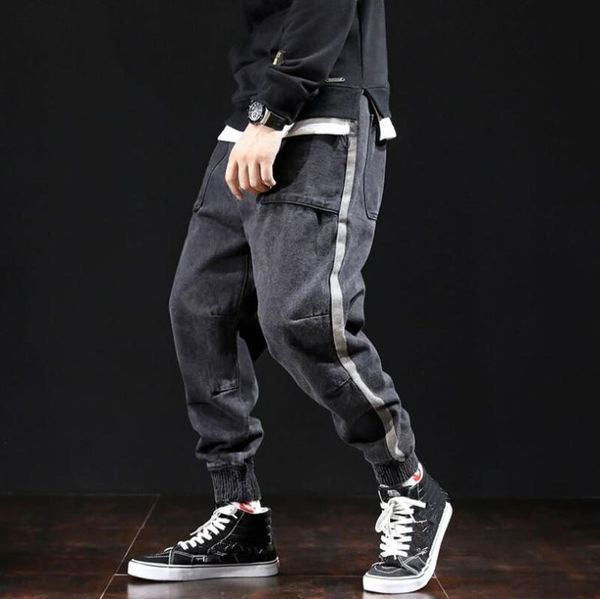 

korean style 2021 autumn fashion men jeans loose fit stripe designer harem pants streetwear hip hop jogger w154 men's, Blue