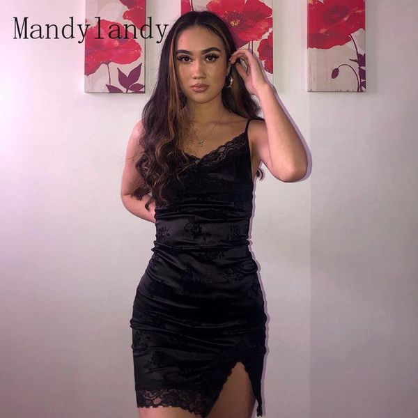 

mandylandy women spring lace patchwork skinny satin strap pencil pajamas dress lady nightdress elegant halter sleepwear casual dresses, Black;gray