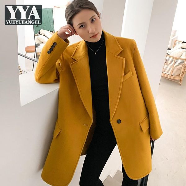 

women's wool & blends fashion women loose fit woolen midi long coat office ladies suit jacket boyfriend style one button autumn winter, Black