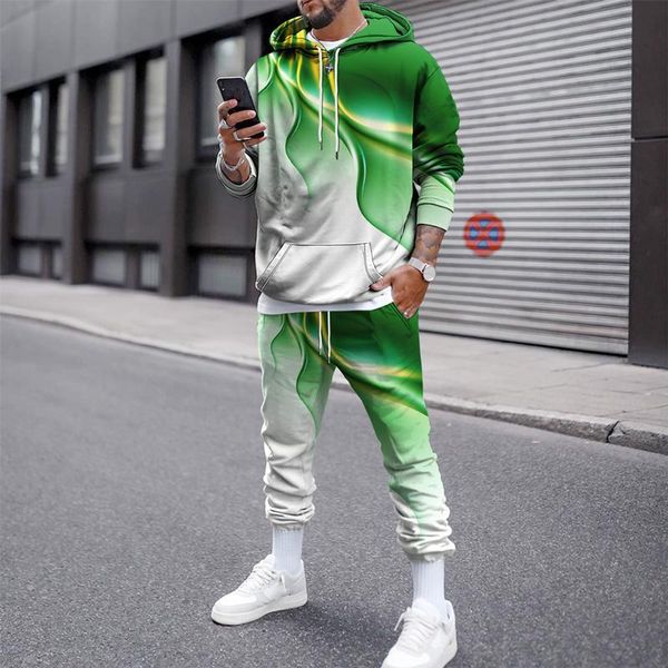 

men's tracksuits gradient color bar 3d print autumn winter drawstr hooded sweater long hoodie sportswear male casual wear two piece set, Gray