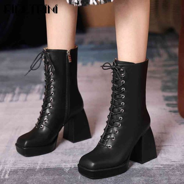 

boots female casual daily office platform shoes cool chunky solid lace zipper mid calf women designer boots, Black