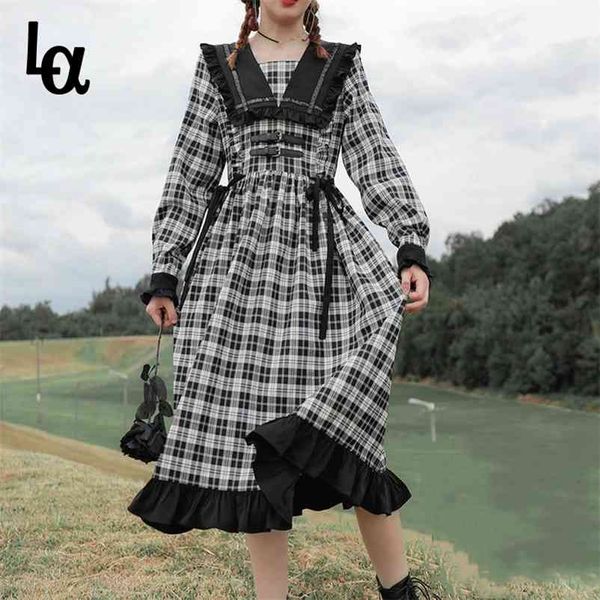 

spring autumn lolita gothic dress women ruffles kawaii midi casual lace-up plaid korean long sleeve vintage 210519, Black;gray