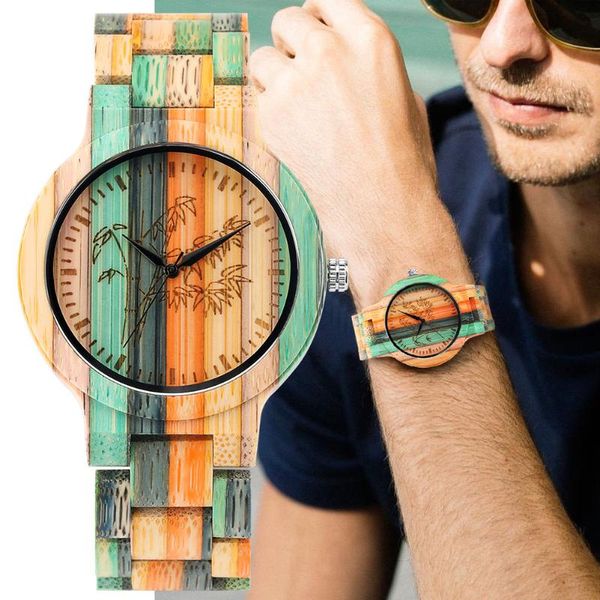 

wristwatches fabulous multi-colored bamboo wood quartz men watch tree engraved folding clasp wooden wristband natural male timepiece, Slivery;brown