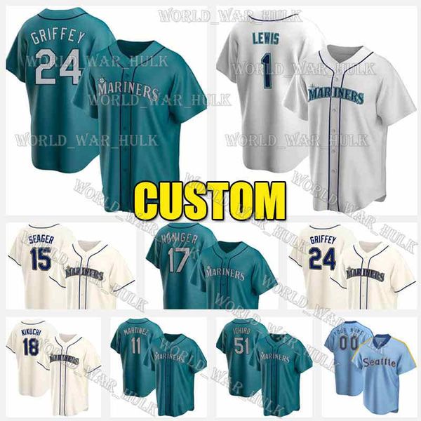 

24 ken griffey jr. jersey 1 kyle lewis 51 ichiro suzuki 11 edgar martinez mariners 17 mitch haniger 15 kyle seager baseball felix hernandez, Blue;black