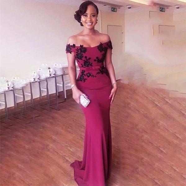 

fuchsia mermaid bridesmaid dresses with black appliques 2021 off shoulder vestidos women long wedding party dress prom gown, White;pink