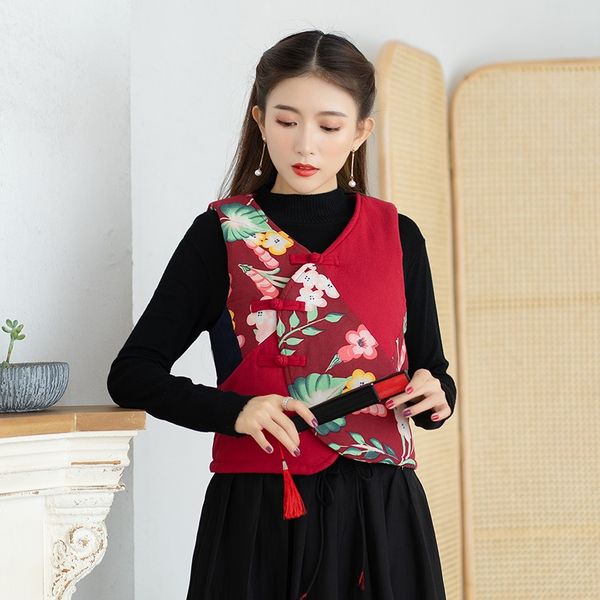 

chinese style clothing women hanfu tang suit vintage waistcoat print cotton linen blouses 2021 winter ladies chinese 11981, Red