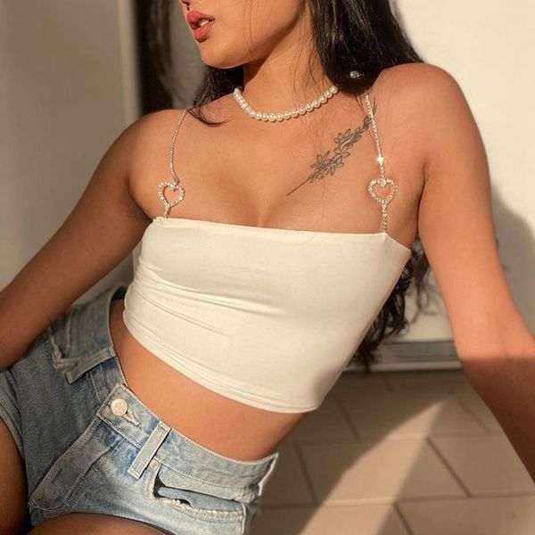 

y2k corset tank crystal chain vests women sleeveless straps backless sling off shoulder cami summer 210419, White
