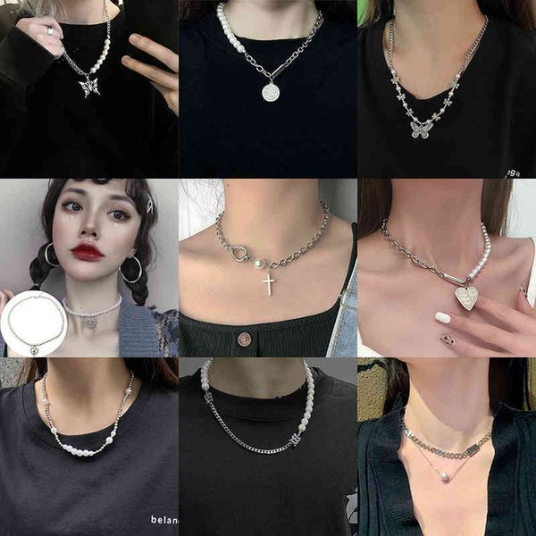 

vintage punk pearl choker chain necklace for women female fashion butterfly coin cross pendants necklaces party jewelry gifts, Silver