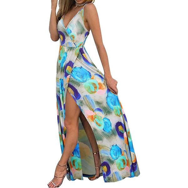 

casual dresses large size ladies sling v-neck sleeveless flower print long dress with waist slit and big swing t fashion, Black;gray
