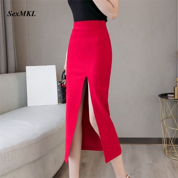 Plus Größe Faldas Mujer Moda Mode Lange Röcke Frauen Hohe Taille Rot Koreanische Büro Frauen Sexy Schwarz 210708