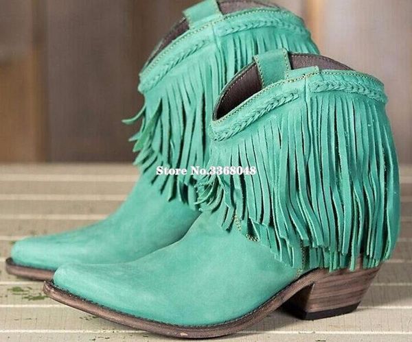 

boots 2021 sky blue fringed low chunky heels ankle for woman pointed toe knight tassels casual dress shoes, Black