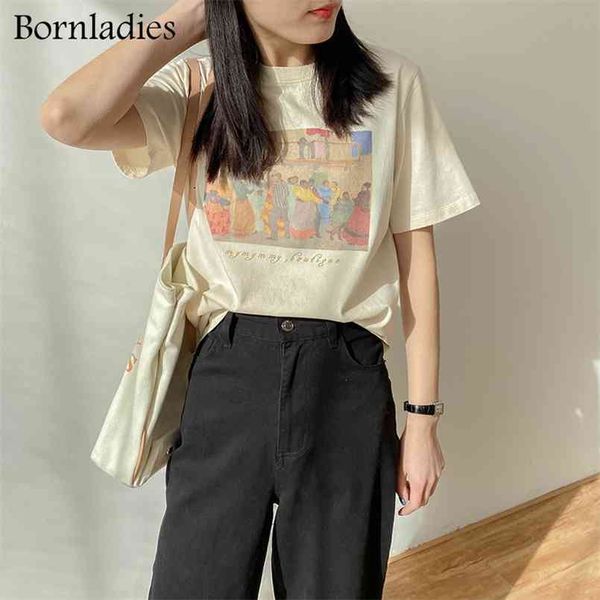 

bornladies oil painting print t-shirt women short sleeve loose 100% cotton shirt female basic summer ladies tees femme 210708, White